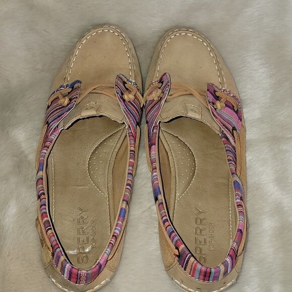 SPERRY TOP-SIDER TAN WITH PINK STRIPES LEATHER BOAT SHOES, SIZE 7.5 - Picture 5 of 10